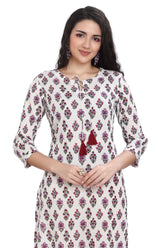 White Cotton Flower Buti Print Kurti with Pintuck
